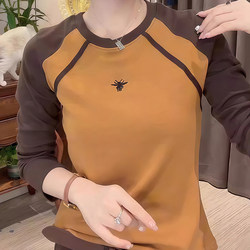 Pure Cotton Color-Block Long-Sleeve Base Shirt T-Shirt for Women, 2025 Winter New Style, Plus-Size Loose Fit, Slimming Inner Wear