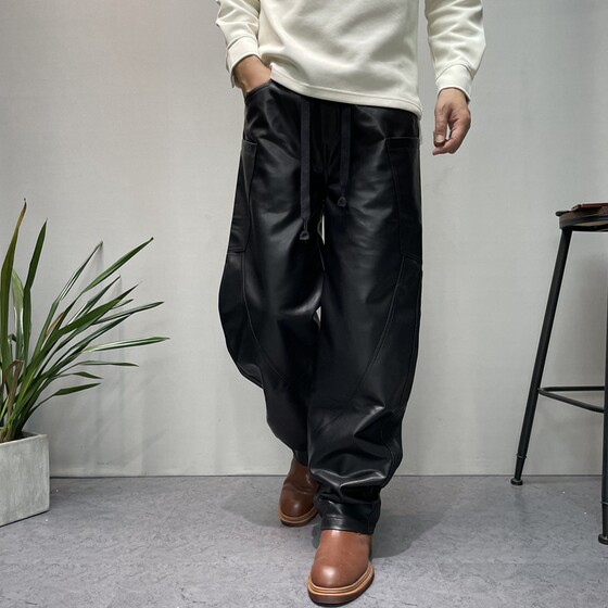 
Autumn and winter rainproof wide-leg handsome PU leather pants men's loose casual scimitar pants trendy windproof warm long pants