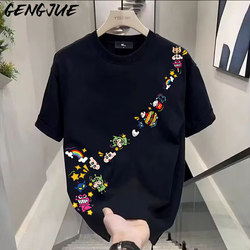 Summer New Style Pure Cotton Short-Sleeved T-Shirt, High-End Casual Loose Trendy Style ins Hong Kong Style Lazy Style Top for Male and Female Students