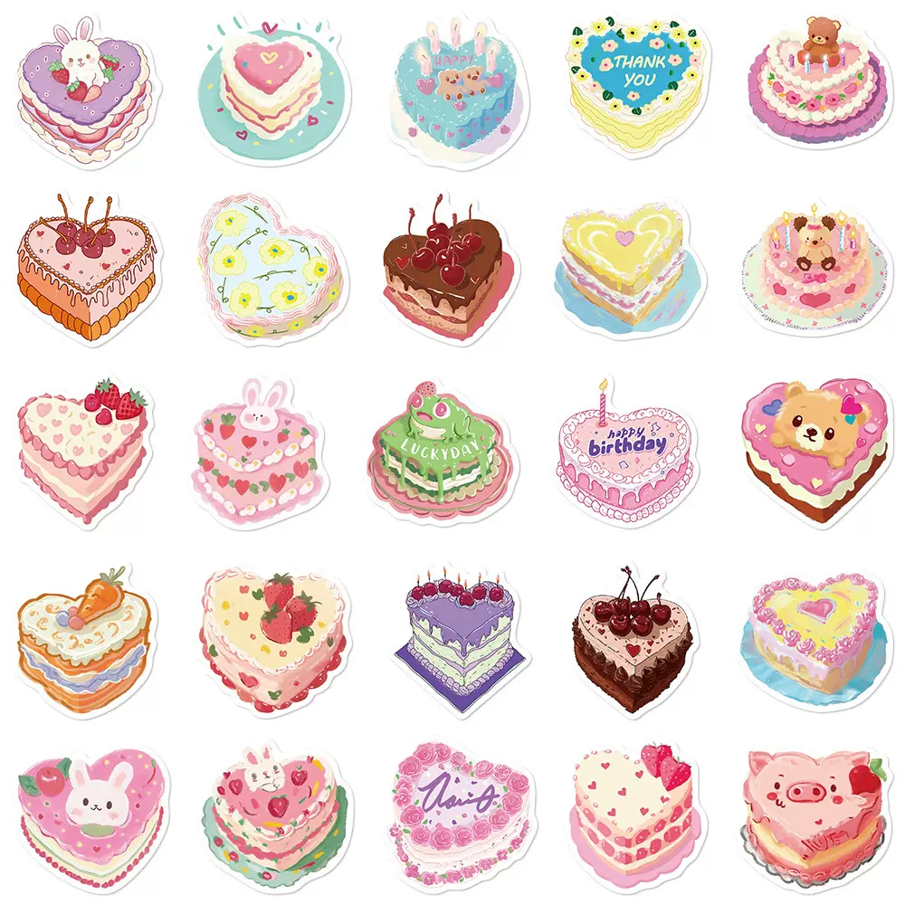 50张心形生日蛋糕贴纸笔记本电脑礼物信封装饰跨境防水diy贴画