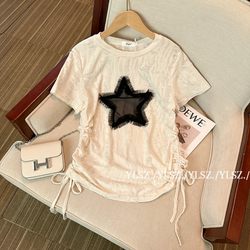 Ylsz Customized ~ Drawstring Star Short-Sleeve T-Shirt, Summer American Style, Stylish and Unique Top, Trendy