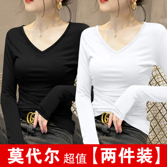 Modal V-neck Black Base Shirt for Women Spring and Autumn Wear Slim Long Sleeve Mask T-shirt with Low-collar Top