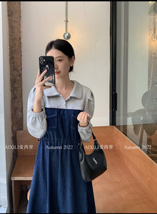 
Aixili 2022 Autumn and Winter New French Retro Style Dress High Waist Contrast Color Slim Design Denim Skirt