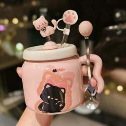 Cute Cartoon Kitten Ceramic Mug with Lid and Spoon, Practical Coffee Cup for Girls in the Office, Birthday Gift