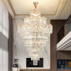 Large Chandelier for Duplex Villa Living Room, Simple Mid-Rise Hotel Light Luxury Crystal Hollow Rotating Staircase Long Chandelier