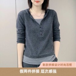 Hooded Sweatshirt for Women 2026 Spring and Autumn New Korean Style Pullover Long-Sleeve Fake Two-Piece Splicing Fashionable Versatile Slimming Top