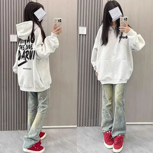 
American retro street student letter hooded sweatshirt men and women autumn and winter pure cotton high street couple coat oversize