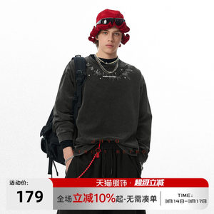 
Pulse wave丨JHYQ American retro printed washed heavy 320g long-sleeved T-shirt men's loose diamond-encrusted sweatshirt