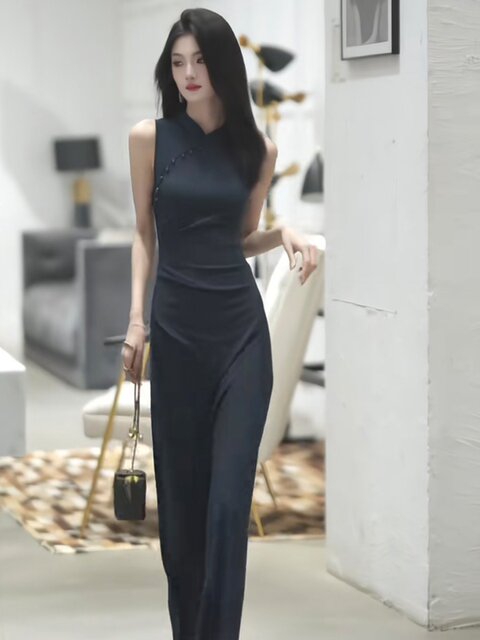New Chinese retro high-end and simple light luxury temperament dress for women's summer new Chinese style cheongsam long skirt