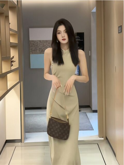 New Chinese retro high-end and simple light luxury temperament dress for women's summer new Chinese style cheongsam long skirt