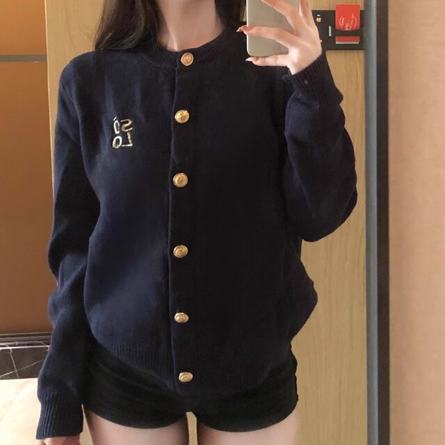 SOLOTARIO design sense gold button navy blue sweater cardigan women's spring and autumn lazy college style knitted short jacket