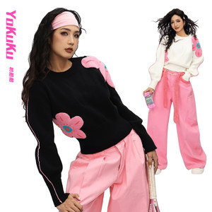 
Yo Ku Ku (Flowers Are Full and the Moon Is Full) Autumn and Winter Fashionable Big Round Neck Top Women's Slim Wavy Sleeves Knitted Sweater for Women