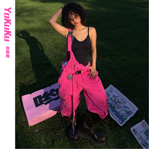 
Yo Ku Ku (Crazy Monday) Hip Hop Personality Trendy Cool Functional Style Overalls Women's Loose Straight Leg Wide Leg Pants