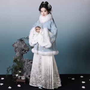 
Original Hanfu for women [Silver Fox] Ming Dynasty thickened velvet shawl coat, pipa sleeve lining, horse face skirt suit, winter style