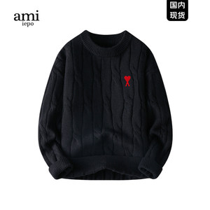 
Ami iepo official black round neck sweater for men and women couples winter love warm casual knitted bottoming shirt