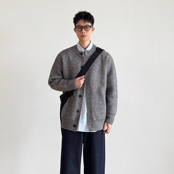 
SIIIEND retro style stand collar button knitted cardigan men's loose versatile sweater jacket couple college style