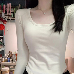 White U-Neck Base Shirt, Long-Sleeved T-Shirt for Women, Suitable for Spring, Autumn, and Winter, Slim Fit, Plus Size, Flattering for Chubby Women, Regular Shoulder, Short Top