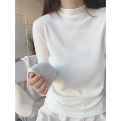 White Small Stand-Up Collar Base Shirt for Women, Autumn and Winter, Thermal Velvet, Warm Inner Layer, Slim Fit, Flattering, Regular Shoulder, Long-Sleeve T-Shirt Top