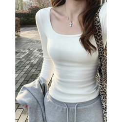 Super Nice-Looking Winter Inner Layer Base Shirt for Women, Autumn and Winter German Velvet Outer Wear, White U-Neck Long-Sleeve T-Shirt, Regular Shoulder Slim-Fit Top