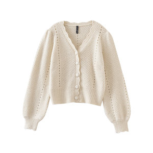 
[Exclusive for Huanhuan fans] V-neck hollow bright silk lantern sleeve burgundy sweater jacket SR011