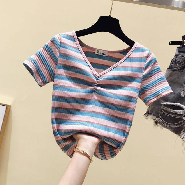 New summer slim rainbow V-neck striped short-sleeved internet celebrity ins super hot top slim and versatile short T-shirt for women
