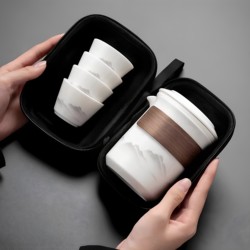 White Jade Porcelain Travel Tea Set, Outdoor Portable One Pot Four Cups Ceramic Quick Tea Cup Kung Fu Tea Brewing Pot