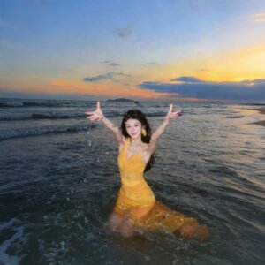 
Swimwear for women in hot springs yellow long skirt slit one-piece bikini high-end sexy pure desire sleeveless suspender swimsuit