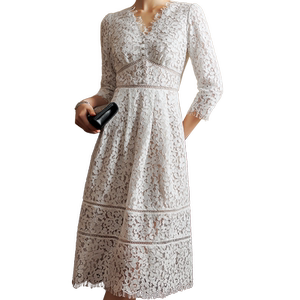 
[Clearance] Yichen’s new autumn elegant dress white V-neck high waist lace hollow lace skirt for women