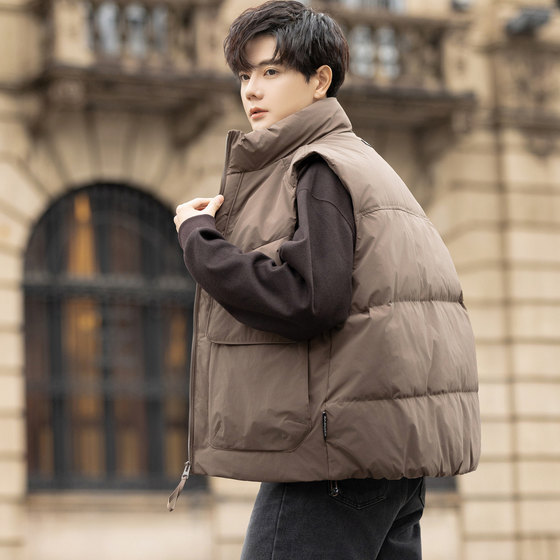 
American retro workwear jacket, old money style down vest, men's outer wear, winter thickened warm layered vest and waistcoat