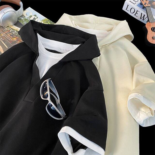 Men's T-shirt regular new classic top printed summer short-sleeved mid-high neck design hooded T-shirt