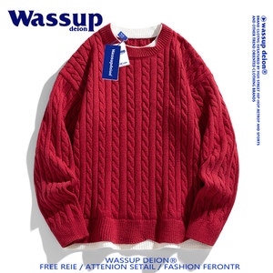 
Wassupdeion trendy brand fake two-piece knitted sweater for men in autumn and winter burgundy couple style warm pullover