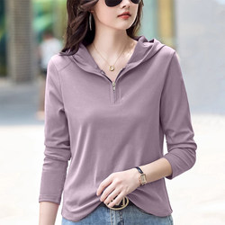 Pure Cotton Plus-Size Women's Long-Sleeve T-Shirt 2026 Autumn New Style Half-Zip Hooded Stylish Slimming Base Shirt Top
