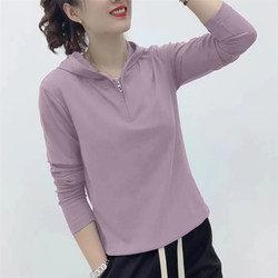 Pure Cotton Hooded Long-Sleeve T-Shirt for Women, Fashionable and Stylish, Loose-Fitting Half-Zip Sweatshirt for Autumn, Plus Size, Slimming and Versatile Top