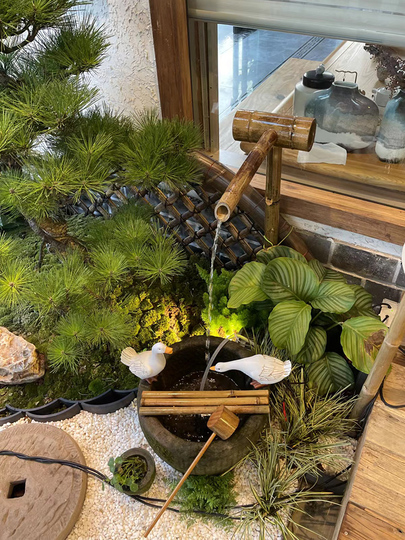 竹流水装飾 - 竹装飾造園 - 水槽石トラフ石ボウル水景庭中庭 - 竹水流装置 