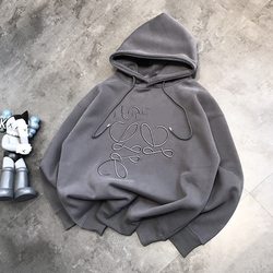 Yang Mi Style Loe Embroidered Staggered Hooded High-End Gray Thickened Sweatshirt for Women, Loose Casual Versatile Fleece Top