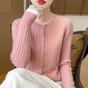 
100% pure cashmere cardigan women's round neck twisted color block fake two-piece coat sweater loose woolen sweater long-sleeved top