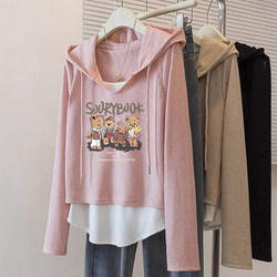 Hooded Super Stylish Base Shirt for Women, Autumn and Winter 2026 New Style, Plus Size Women's Clothing, Pink Loose Fake Two-Piece Long-Sleeve Top