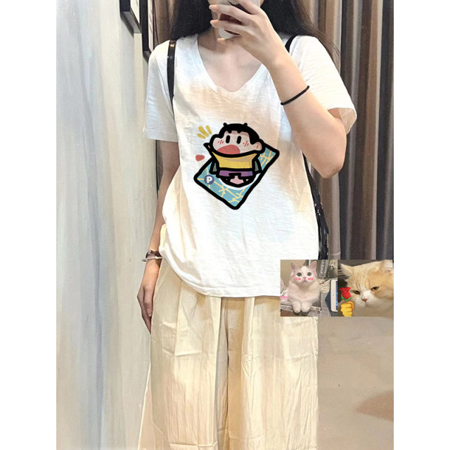 White front shoulder short sleeves large size women's fat mm loose T-shirt for women 2025 new bamboo joint cotton v-neck top summer women's clothing
