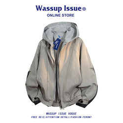 Wassup Issue American Style Fake Two-Piece Hooded Jacket for Men, Spring and Autumn Casual Coat, Loose Workwear Top for Men