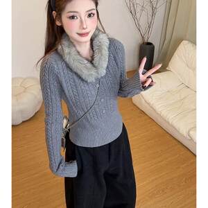 
French detachable fur collar gray pullover twist sweater for women autumn and winter thickened warm lazy style knitted sweater top