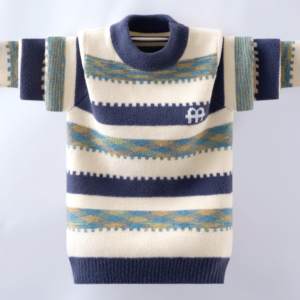 
Medium and large children's sweaters boys winter thickened sweaters boys striped 2025 winter clothing new plus velvet warm clothes