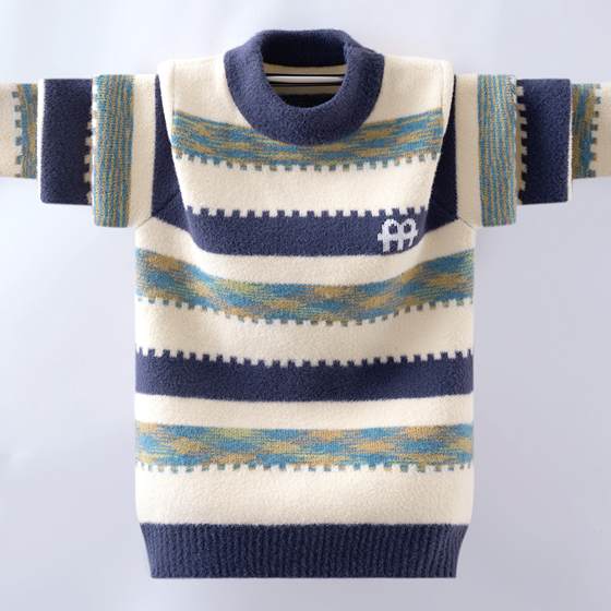 
Medium and large children's sweaters boys winter thickened sweaters boys striped 2025 winter clothing new plus velvet warm clothes