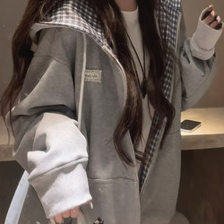 2026 Popular Plaid Patchwork Cardigan Sweatshirt for Women, Loose and Casual Style, Oversized Hooded Jacket for Spring and Autumn