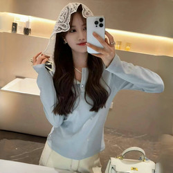 European-Style Design Lace Patchwork Hooded Long-Sleeve T-Shirt for Women, 2026 Autumn New Fashion Base Hoodie Top