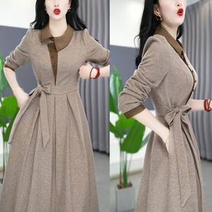 
2025 autumn new style waist-hugging slim-fitting mid-length dress fashionable long-sleeved A-line skirt for women