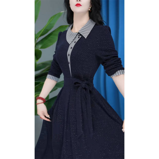 High-end long-sleeved dress for women 2025 autumn new fashion design sense spliced ​​POLO collar mid-length skirt