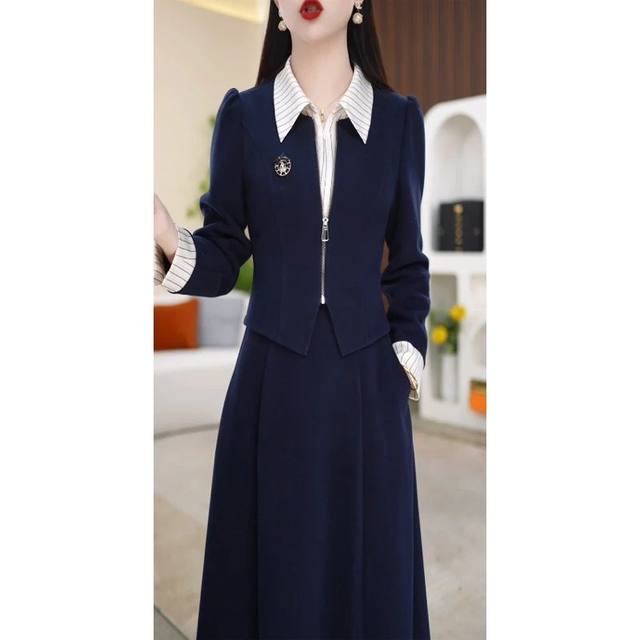 2025 spring new fashionable long-sleeved dress with women's temperament slim design and lapel fake two-piece casual skirt