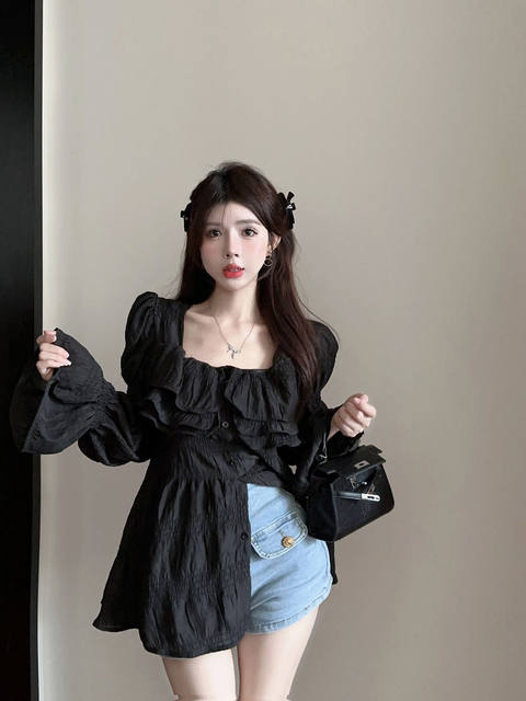 French style ruffled square collar flared sleeve design sweet mid-length chiffon shirt sunscreen for girls summer
