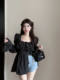 French style ruffled square collar flared sleeve design sweet mid-length chiffon shirt sunscreen for girls summer
