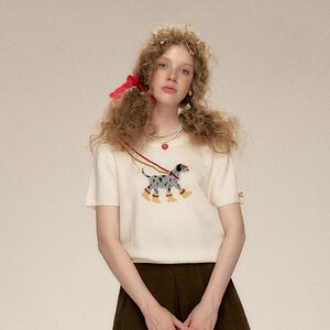 
[Ready Stock] IHDXD Puppy Knitted Short-Sleeved Women's 2026 Autumn New Korean Style Slim Round Neck Short-Sleeved Sweater